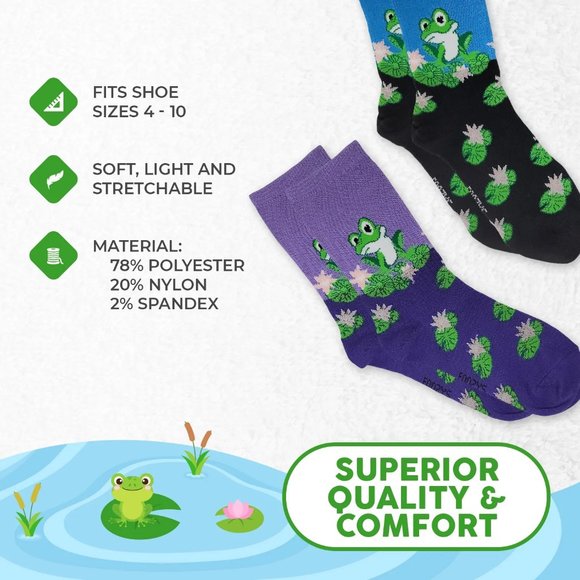 Frog on Lily Frogs Tadpole Amphibian Bullfrog Toad Foozys Socks 2 Pairs Women's - Picture 4 of 5